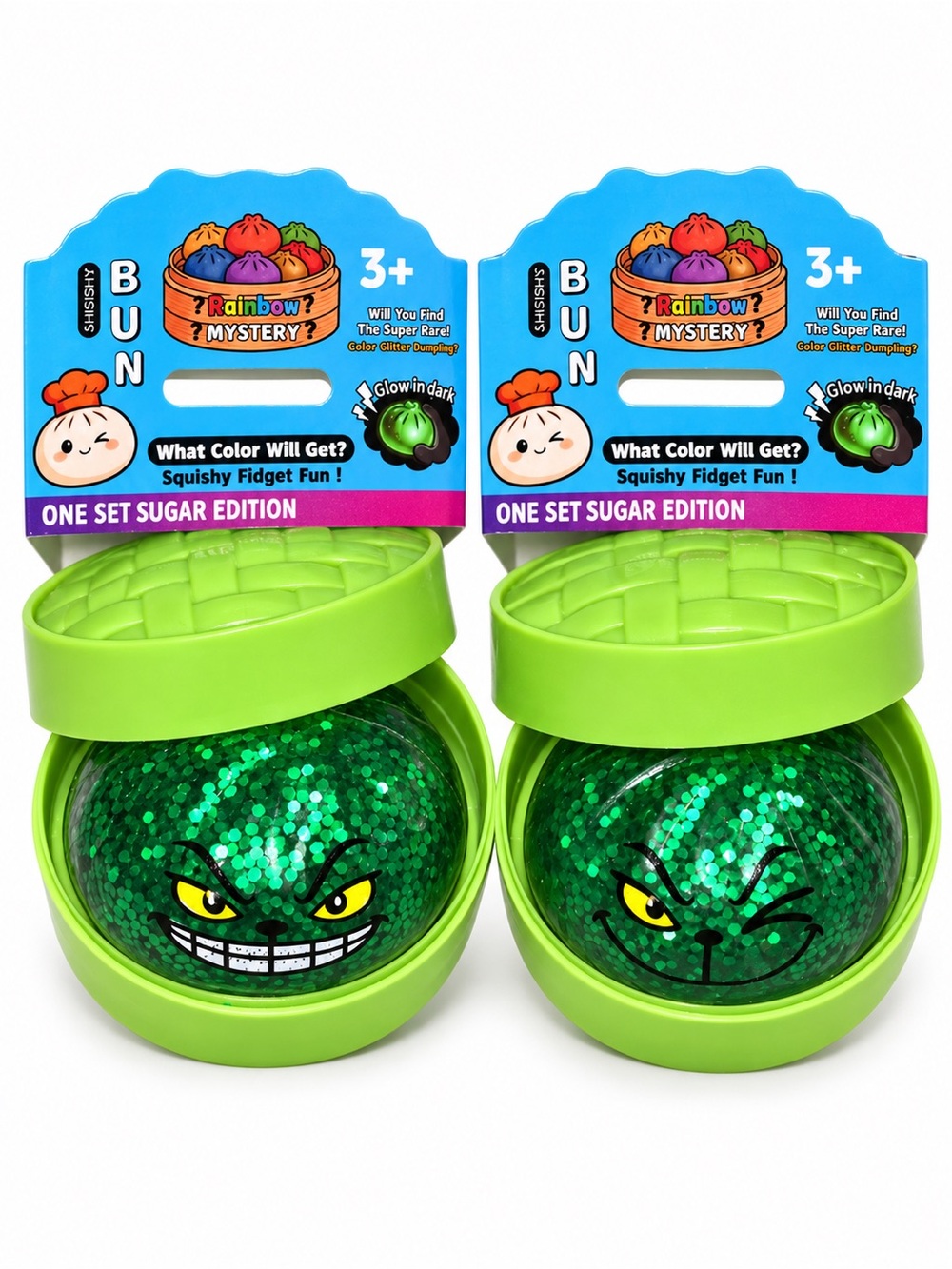 Squishy Bun Green Glitter Fidget Toy Bundle Grinning & Winking Faces Set of 2